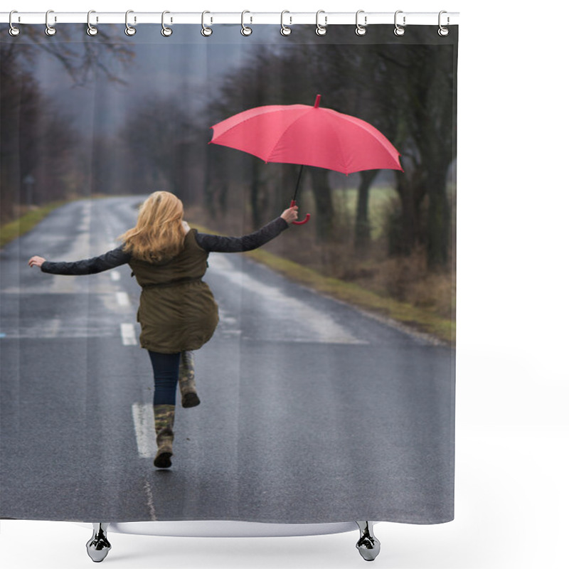 Personality  Rainy Day Woman Holding Red Umbrella Shower Curtains