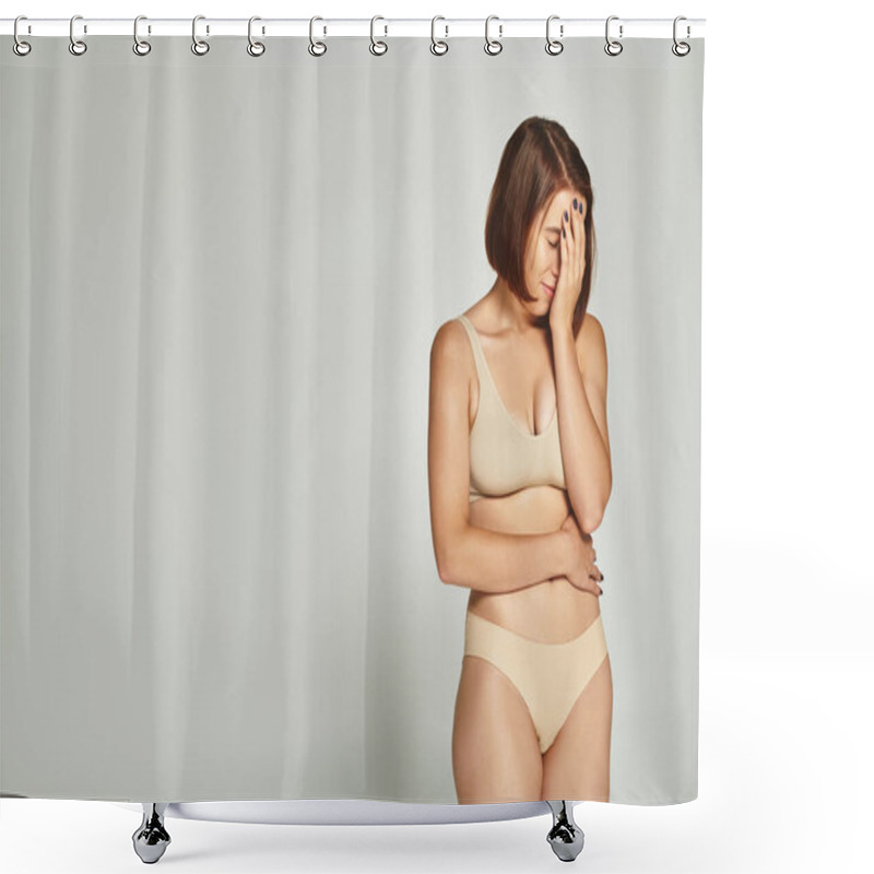 Personality  Embarrassed Young Woman In Beige Underwear Covering Face With Hand On Grey Background, Body Shaming Shower Curtains