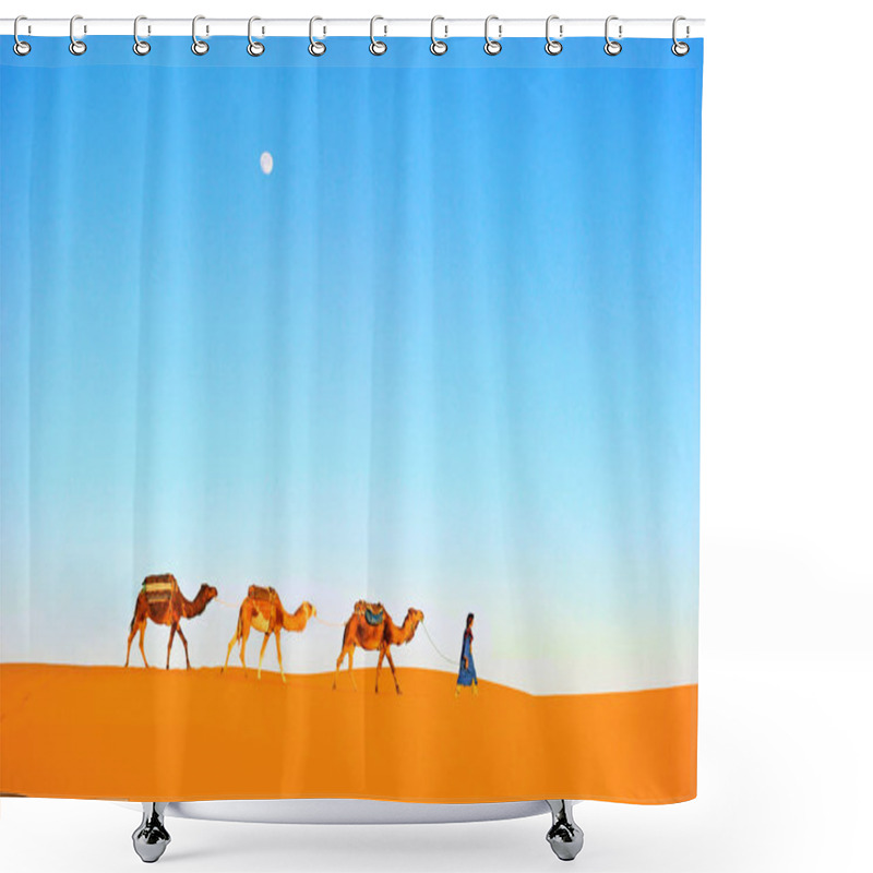 Personality  Camel Caravan Going Through The Sand Dunes In The Sahara Desert. Morocco, Africa Shower Curtains