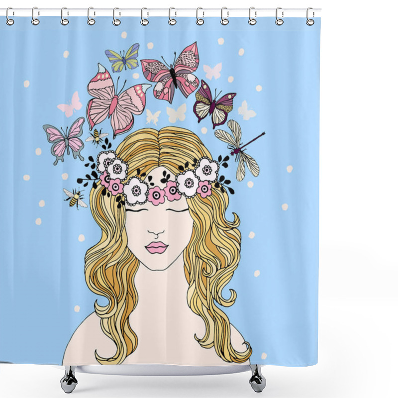 Personality  Blonde Girl With Floral Wreath And Butterflies, Dragonfly And Bee In Her Hair. Vector Shower Curtains