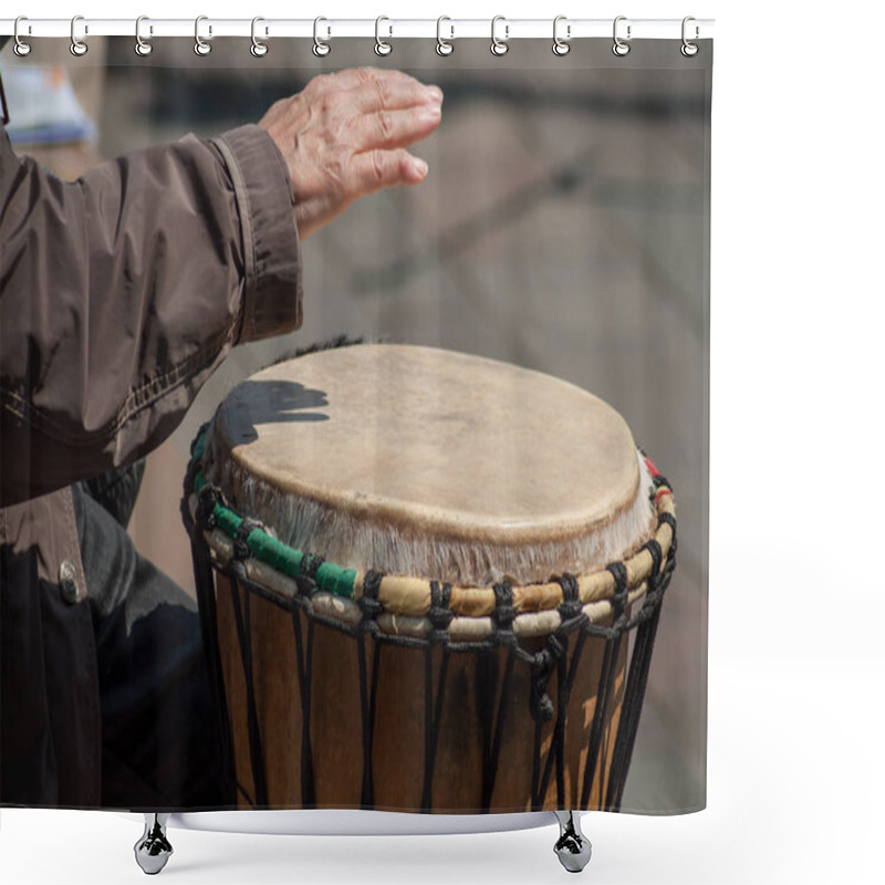 Personality  Woman Hand On African Drums In Outdoor Shower Curtains