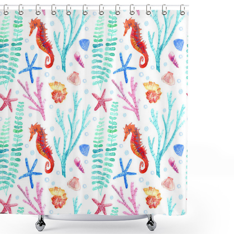 Personality  Seahorse, Shell, Starfish, Seaweed, Coral And Bubbles Seamless Pattern. Shower Curtains