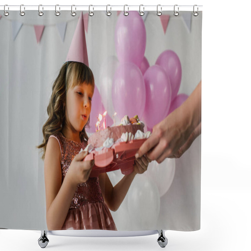 Personality  Cropped Image Of Mother Holding Birthday Cake While Child Blowing Out Candles  Shower Curtains