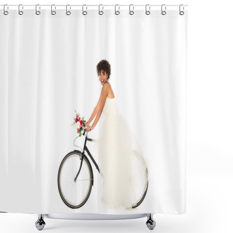 Personality  Cheerful African American Bride In Wedding Dress Holding Flowers While Riding Bicycle Isolated On White  Shower Curtains