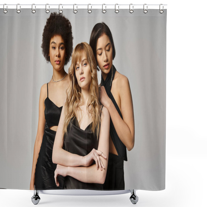 Personality  Three Elegant Women Of Different Races Stand Gracefully Together Against A Grey Backdrop. Shower Curtains