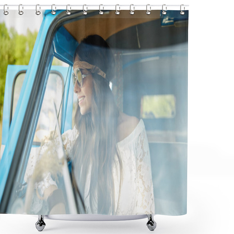 Personality  Smiling Young Hippie Woman In Minivan Car Shower Curtains