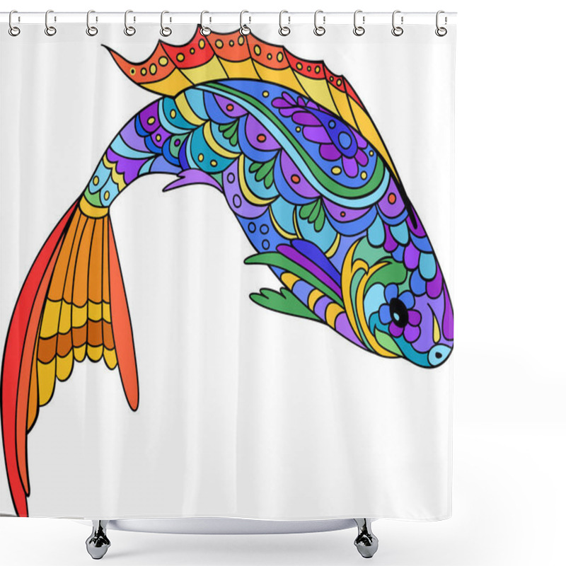 Personality  Hand Drawn Stylized Sea Fish, Zen-doodle Style Art. Catoon Animal For Coloring Book Page. Isolated Colorful Fish. Shower Curtains