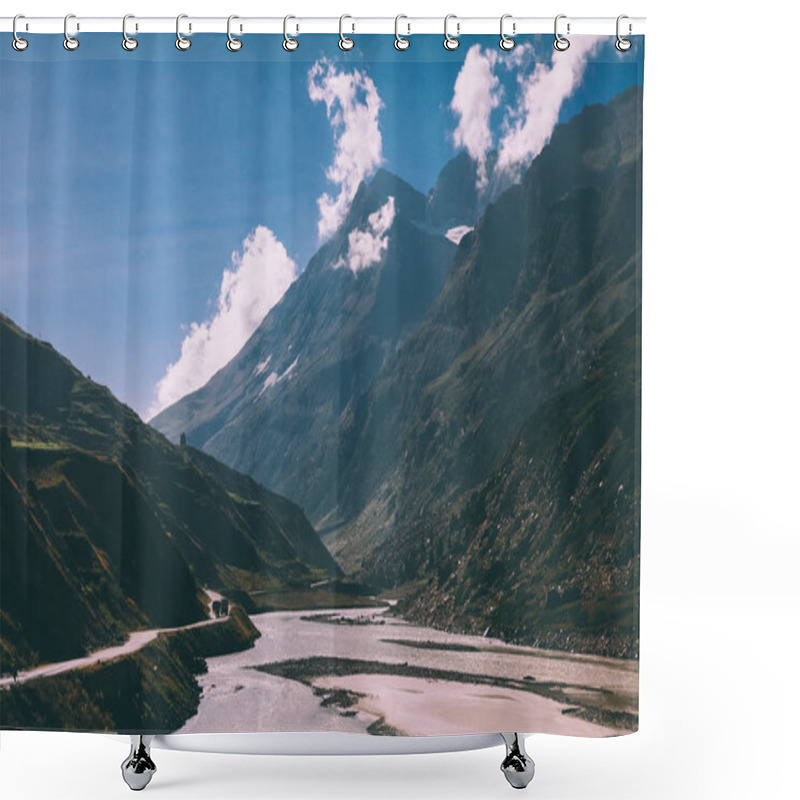 Personality  Scenic Landscape With River In Majestic Valley And Road With Vehicles In Indian Himalayas Shower Curtains