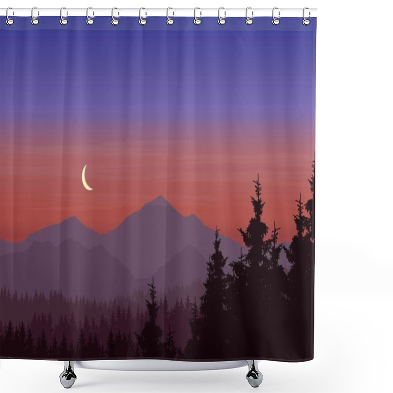 Personality  Vector Illustration Of Mountain Landscape With Forest Under Blue-pink Sky With Crescent Shower Curtains