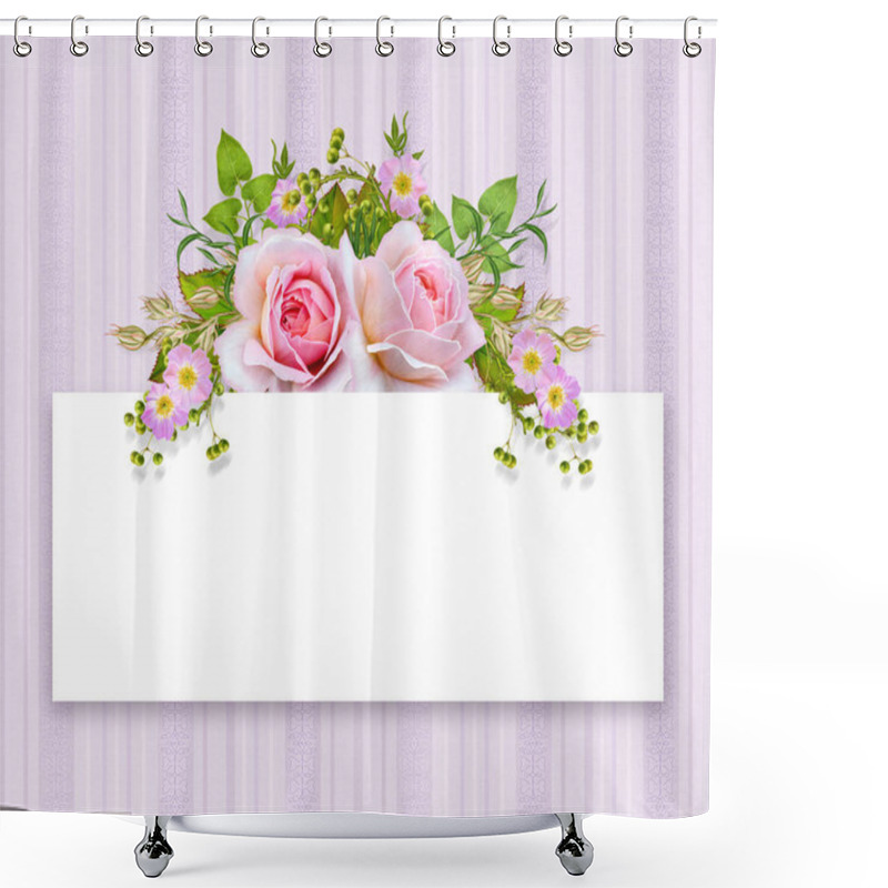 Personality  Golden Textured Curls. Oriental Style Arabesques. Brilliant Lace, Stylized Flowers. Openwork Weaving Delicate. Garland Of Delicate Pink Roses, Green Leaves, Branches With Berries. Shower Curtains