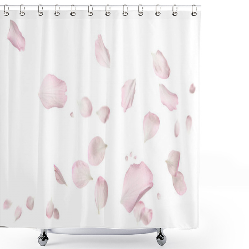 Personality  Beautiful Sakura Flower Petals Flying On White Background. Banner Design Shower Curtains