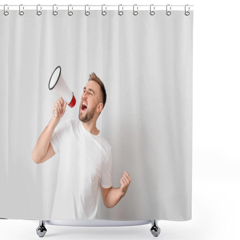 Personality  Emotional Young Man With Megaphone On Light Background Shower Curtains