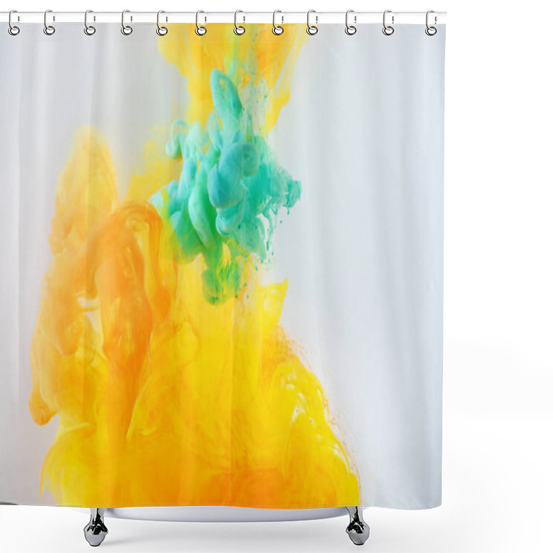 Personality  Creative Background With Turquoise And Orange Paint Flowing In Water, Isolated On Grey Shower Curtains