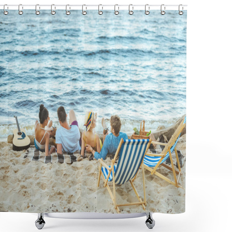 Personality  Back View Of Multiethnic Friends Resting On Blanket On Sandy Beach Shower Curtains