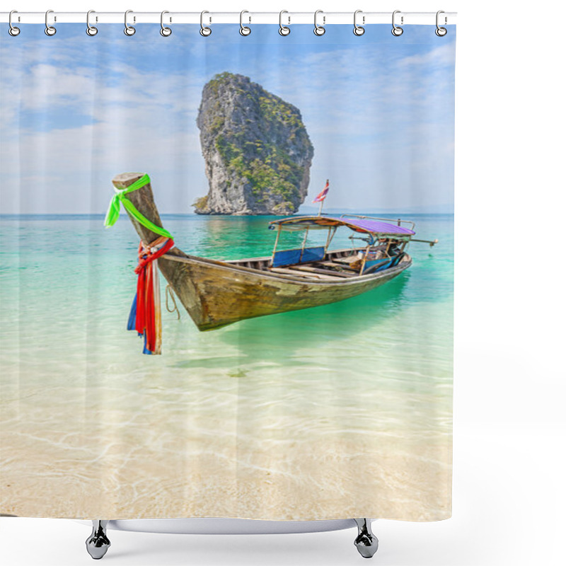 Personality  Old Wooden Boat On The Tropical Beach. Shower Curtains