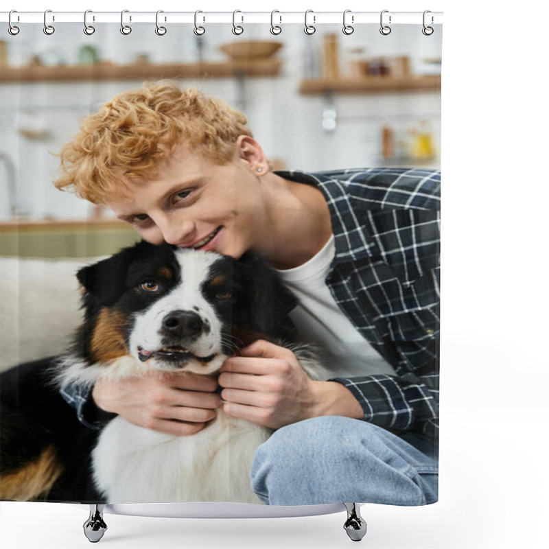 Personality  Young Redhead Man Enjoys Quality Time With His Adorable Australian Shepherd In A Modern Apartment. Shower Curtains