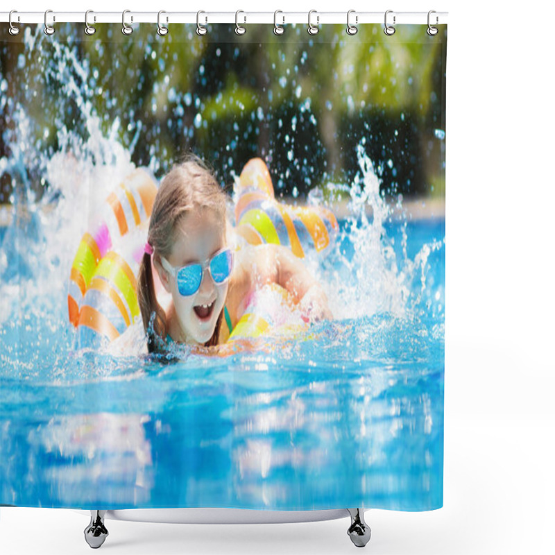 Personality  Child With Inflatable Toy Ring Float In Swimming Pool. Little Girl Learning To Swim And Dive In Outdoor Pool Of Tropical Resort. Swimming With Kids. Healthy Sport Activity For Children. Water Fun. Shower Curtains