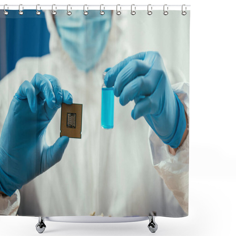 Personality  Cropped Of Engineer Holding Computer Microchip And Glass Container With Blue Liquid  Shower Curtains