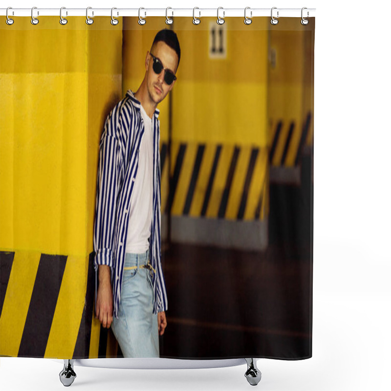 Personality  Fashion Guy In A Striped Shirt Is Standing Near A Yellow Parking Wall Shower Curtains