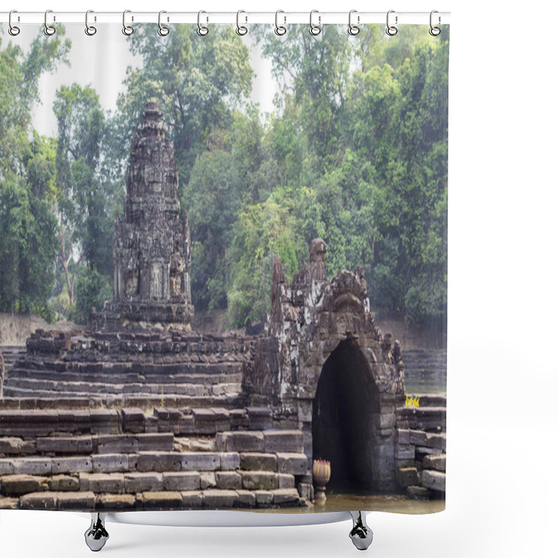 Personality  Ancient Temple In Angkor Wat Complex. Ancient Stone Temple Neak Pean In Green Tropical Landscape. Khmer Architecture UNESCO Heritage. Tourist Place Of Interest In Cambodia. Travel Sightseeing In Asia Shower Curtains