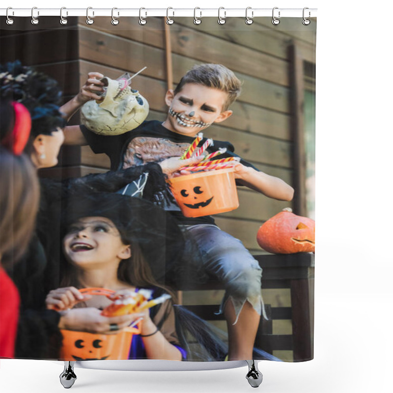 Personality  Smiling Boy In Skeleton Halloween Costume Holding Skull And Bucket Of Sweets Near Blurred Mom And Sisters Shower Curtains