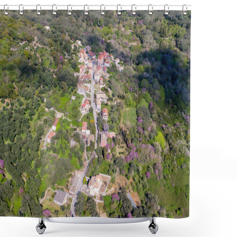 Personality  Aerial View Of A Quaint Village Nestled In A Lush Green Landscape. Shower Curtains