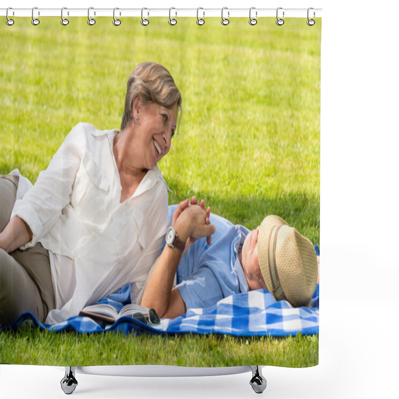 Personality  Elderly Couple Enjoying Relax Time In Park Shower Curtains