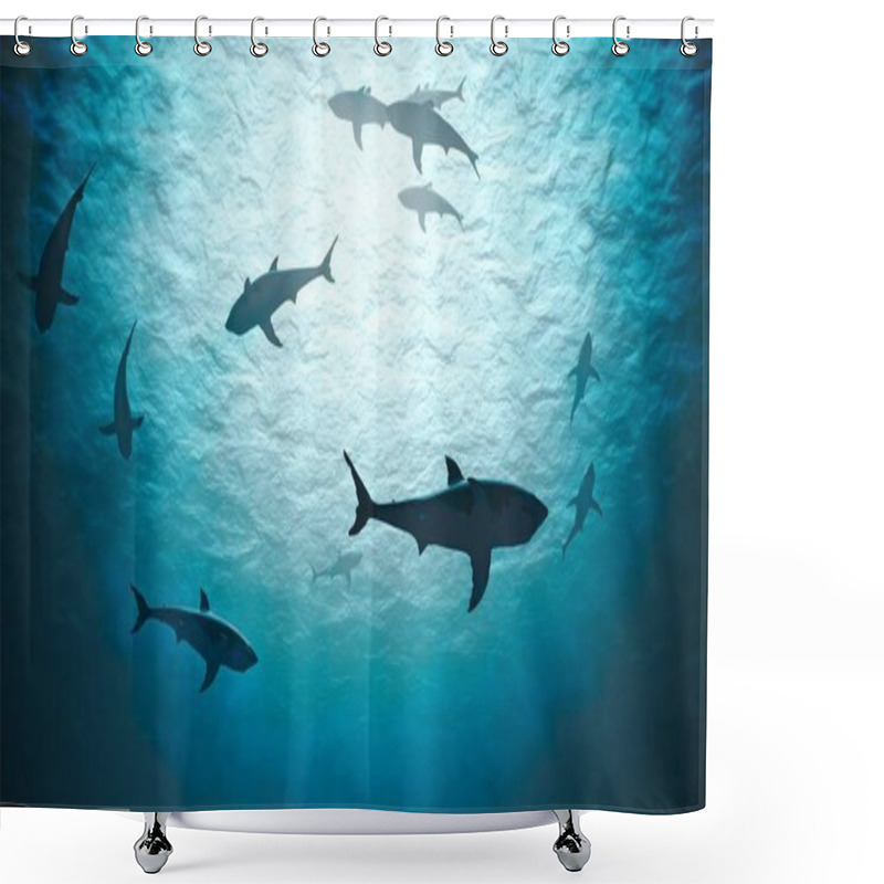 Personality  Silhouettes Of Sharks Underwater In Ocean Against Bright Light.  Shower Curtains