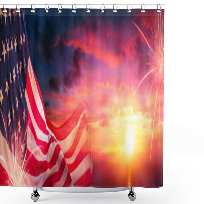 Personality  American Flags At Sunset With Fireworks - Abstract Defocused Composition Shower Curtains