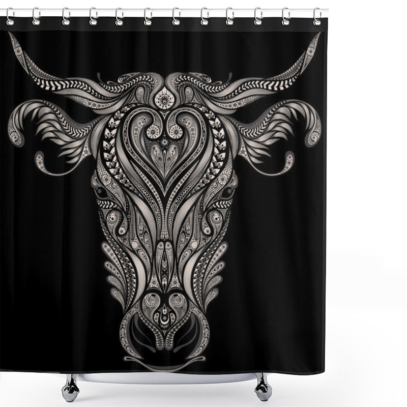 Personality  Abstract Vector Head Of Cow On A Black Background Shower Curtains