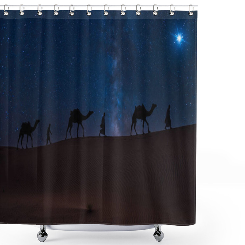 Personality  Christmas Jesus Birth Concept - Adoration Of The Magi, Three Wise Men, Three Kings, And The Three Biblical Magi With Camel Silhouettes Journeying In Sand Dunes Of Desert Follow Bethlehem Star At Night Shower Curtains