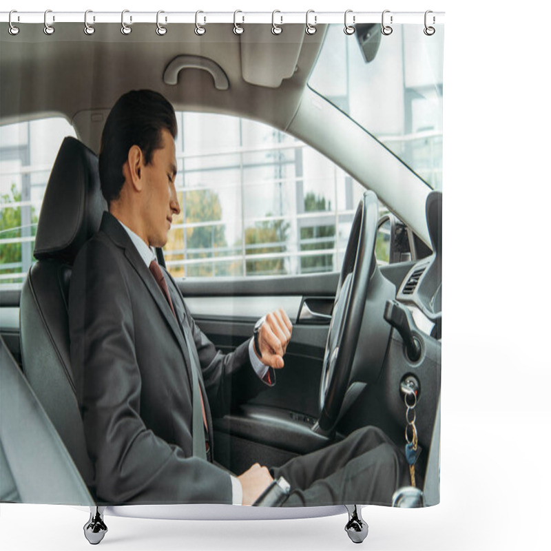 Personality  Handsome Businessman Looking At Wristwatch In Drone Car Shower Curtains