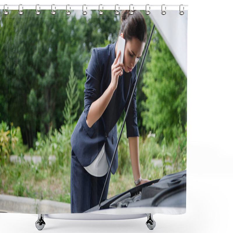 Personality  Attractive Businesswoman Talking By Smartphone And Looking In Open Car Hood Shower Curtains