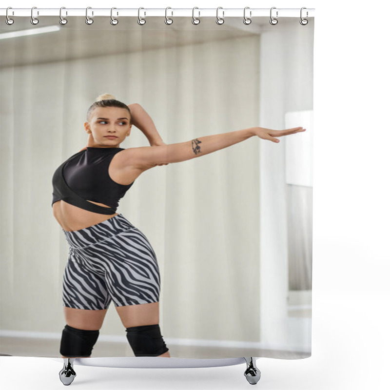 Personality  A Graceful Dancer Stretches Her Body And Arms In Vibrant Zebra Shorts And A Black Top, Flexibility Shower Curtains