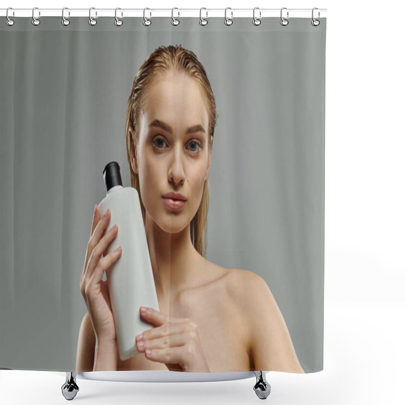 Personality  Beautiful Woman Sensually Holds A Bottle Of Hair Treatment. Shower Curtains