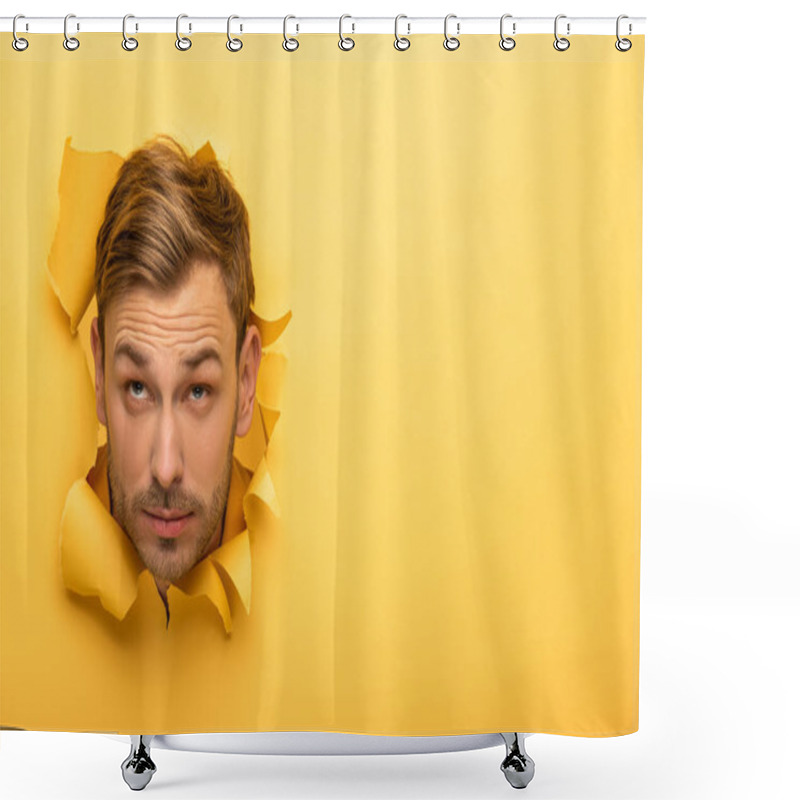 Personality  Handsome Man Looking Up With Head In Yellow Paper Hole  Shower Curtains