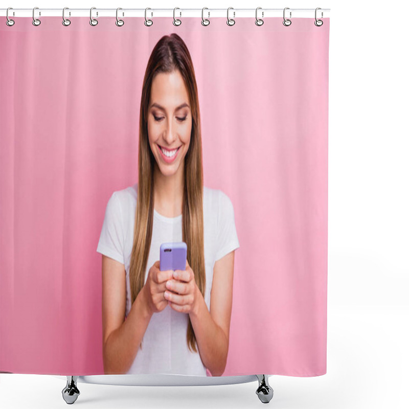 Personality  Which Picture Is Best. Photo Of Pretty Lady Holding Telephone Hands Texting Friends Sending New Just Made Selfies Wear Casual White T-shirt Isolated Pink Color Background Shower Curtains