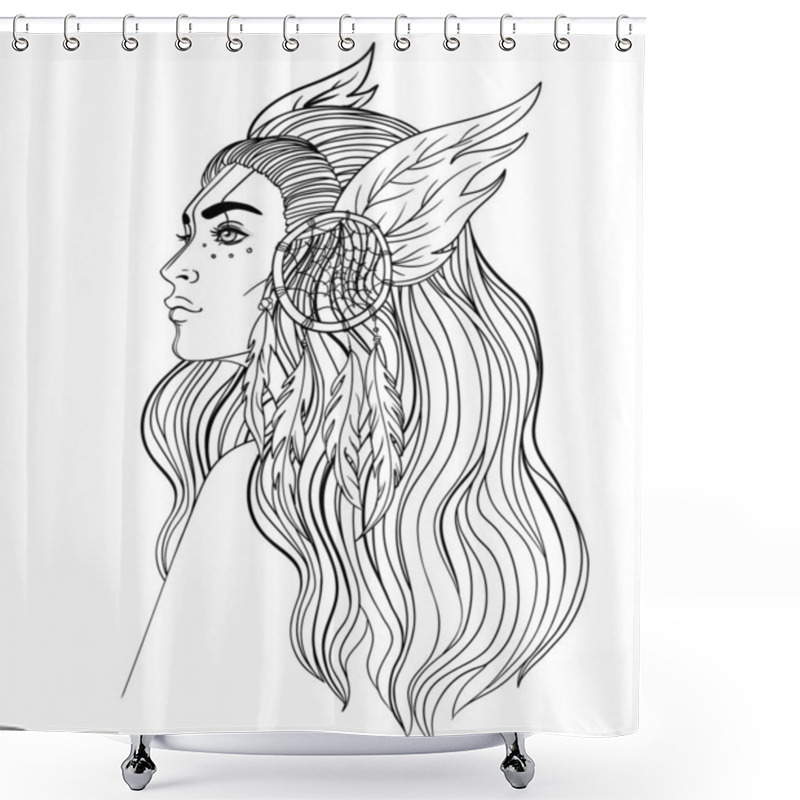 Personality  Isolated On White Illustration Of Native American Indian Girl With Feathers And Dream Catcher. Shower Curtains