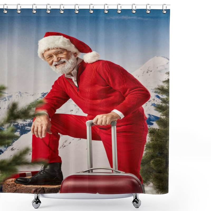 Personality  Joyful Man Dressed As Santa In Glasses Posing With Suitcase Looking At Camera, Winter Concept Shower Curtains