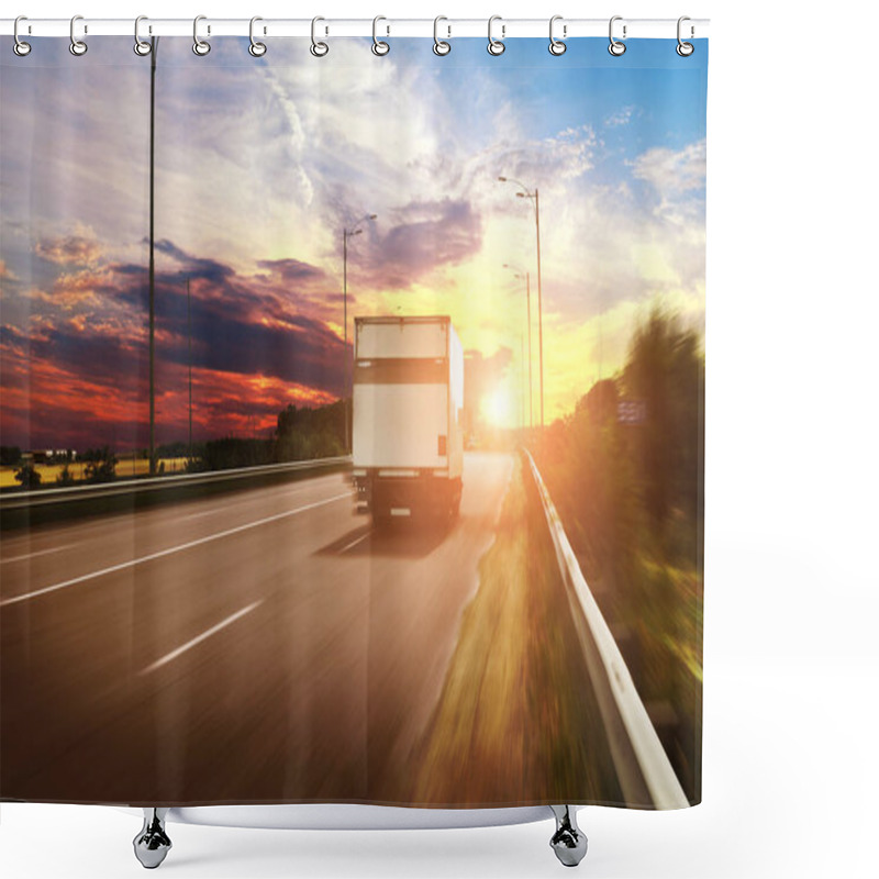 Personality  White Box Truck Driving Fast On Countryside Road Against Sky With Beautiful Sunset Shower Curtains