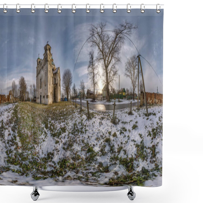 Personality  Full Winter Hdr Panorama 360 Degrees Angle View Near Entrance Of Old Abandoned Catholic Church In Equirectangular Projection With Zenith And Nadir. VR  AR Content Shower Curtains