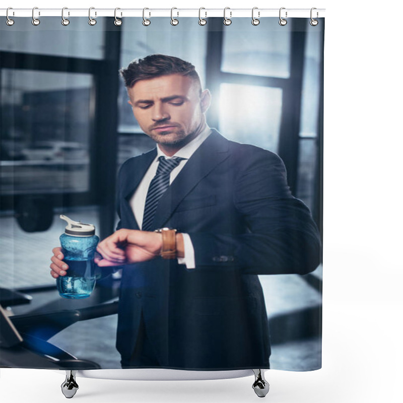 Personality  Handsome Businessman In Suit Exercising On Treadmill, Holding Sport Bottle And Checking Time In Gym Shower Curtains