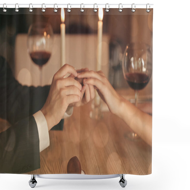 Personality  Man Making Marriage Proposal To Girlfriend At Restaurant, Closeup Shower Curtains