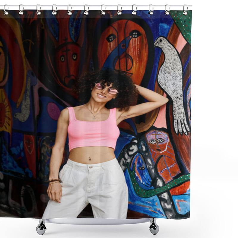 Personality  A Stylish Woman In A Pink Crop Top And White Pants Stands Against A Vibrantly Painted Wall In Europe. Shower Curtains