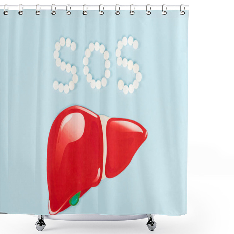 Personality  Top View Of Sos Lettering Near Drawn Liver On Blue  Shower Curtains