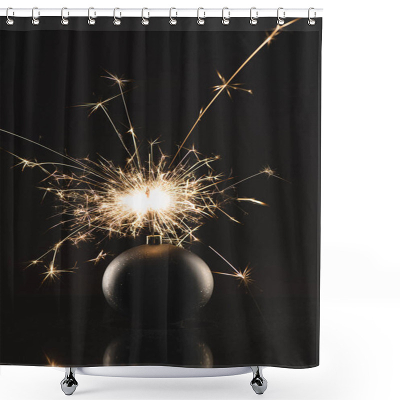 Personality  Close Up View Of Burning Sparklers In Christmas Toy Isolated On Black Shower Curtains