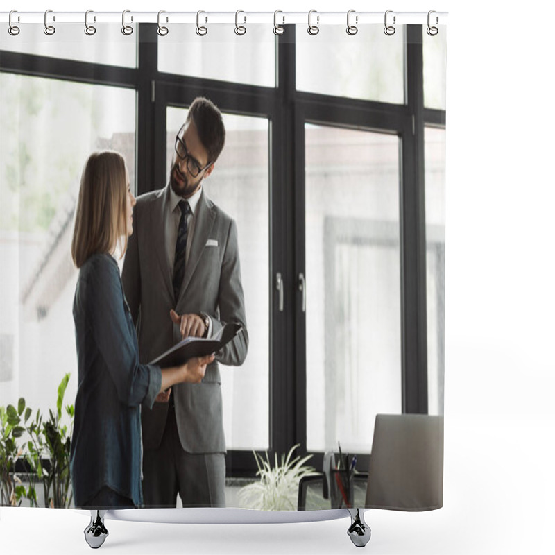 Personality  Businessman In Suit Pointing At Resume Near Candidate In Office  Shower Curtains