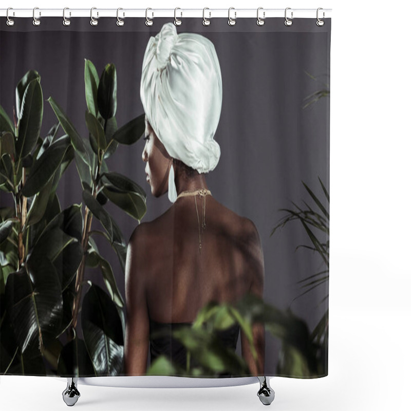 Personality  Rear View Of Sensual Young African American Woman In White Wire Head Wrap Behind Leaves Shower Curtains