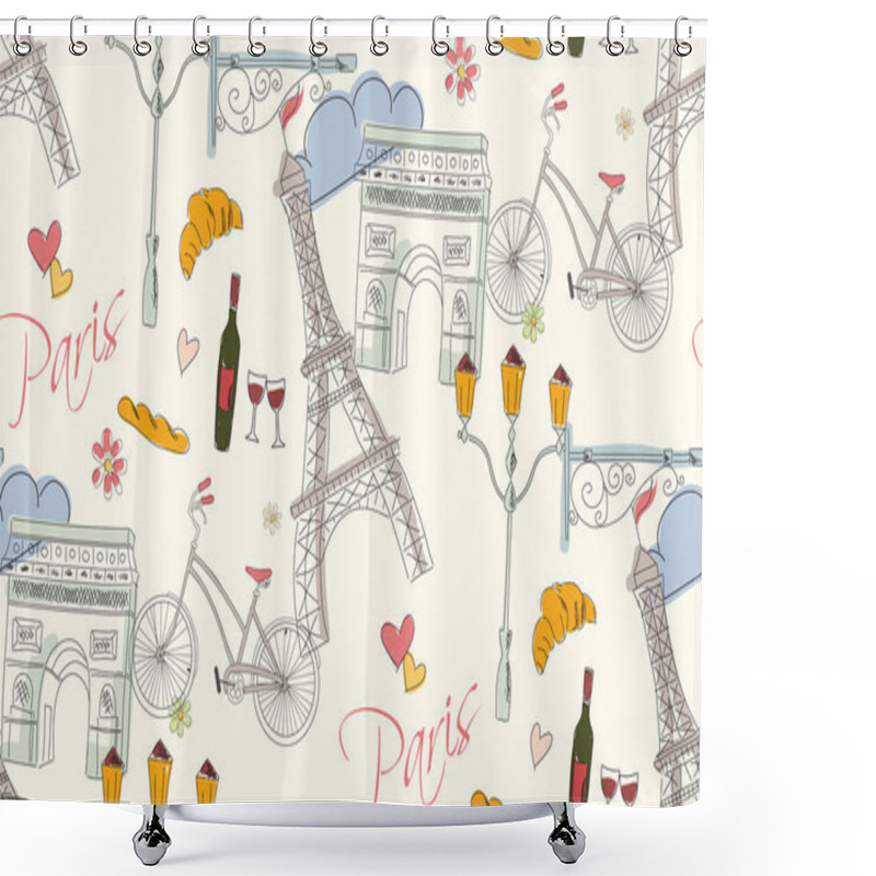 Personality  Paris Symbols, Postcard, Seamless Pattern, Hand Drawn Shower Curtains