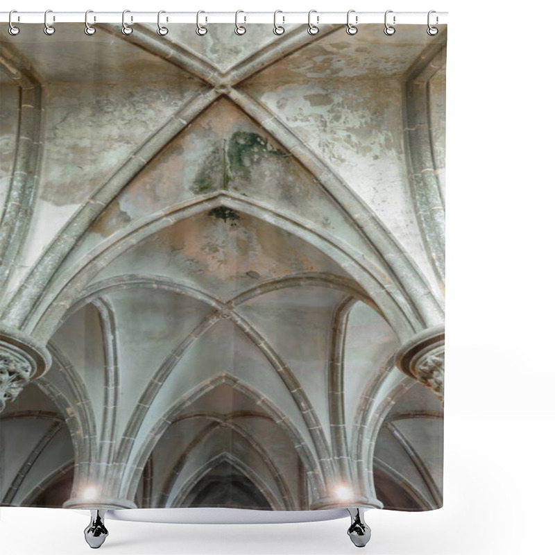 Personality  Mont-Saint-Michel, France-October 19, 2020: The Large Knights Hall Rib Vault, Perhaps The Abbey Scriptorium Built In 1220-1225 In Gothic Style On The Second Level Of La Merveille-The Marvel West Part. Shower Curtains